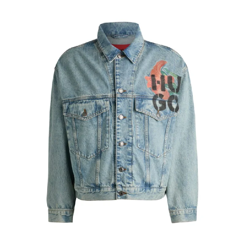 Regular-fit jacket in rigid denim with logo prints