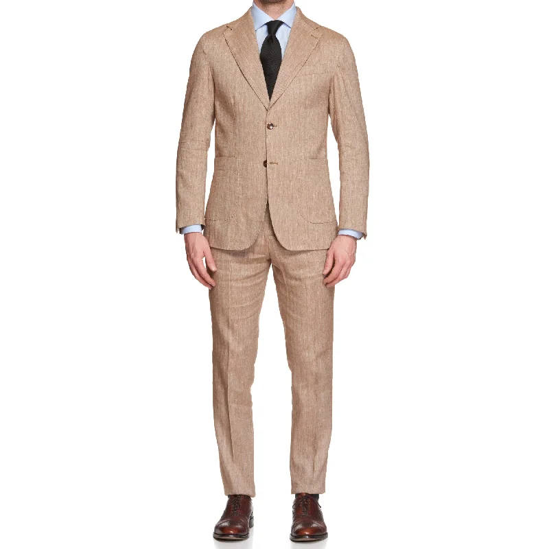 ANTÉ Napoli Tan Herringbone Linen-Cotton Unlined Suit NEW Slim Fit