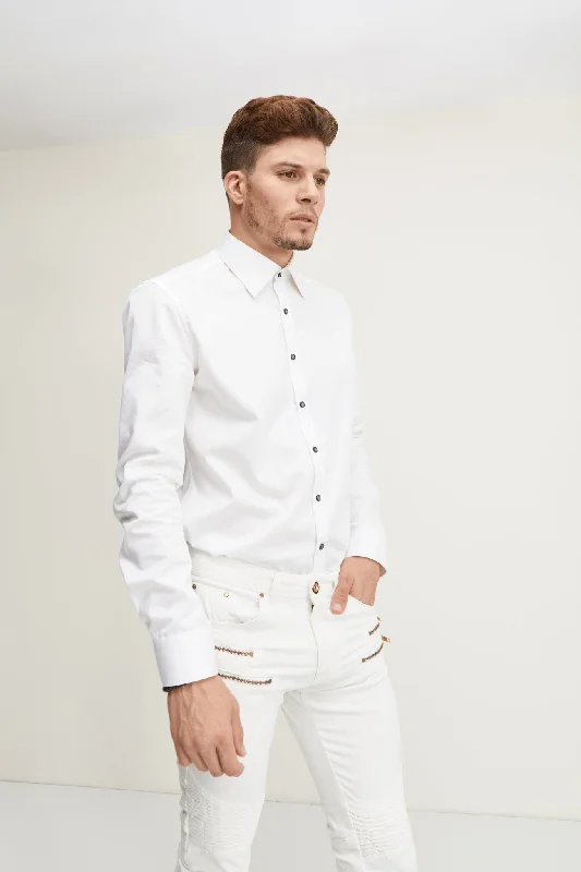 Pure Cotton Contrast Button Dress Shirt - White Light Blue Accents