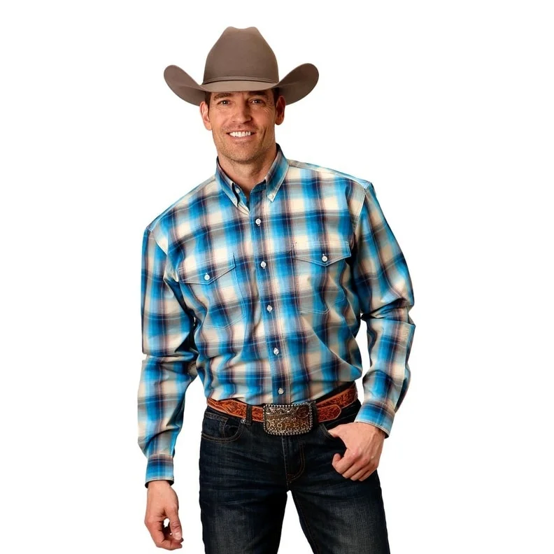 Roper Western Shirt Mens L/S Plaid Button Blue 03-001-0378-7028 BU