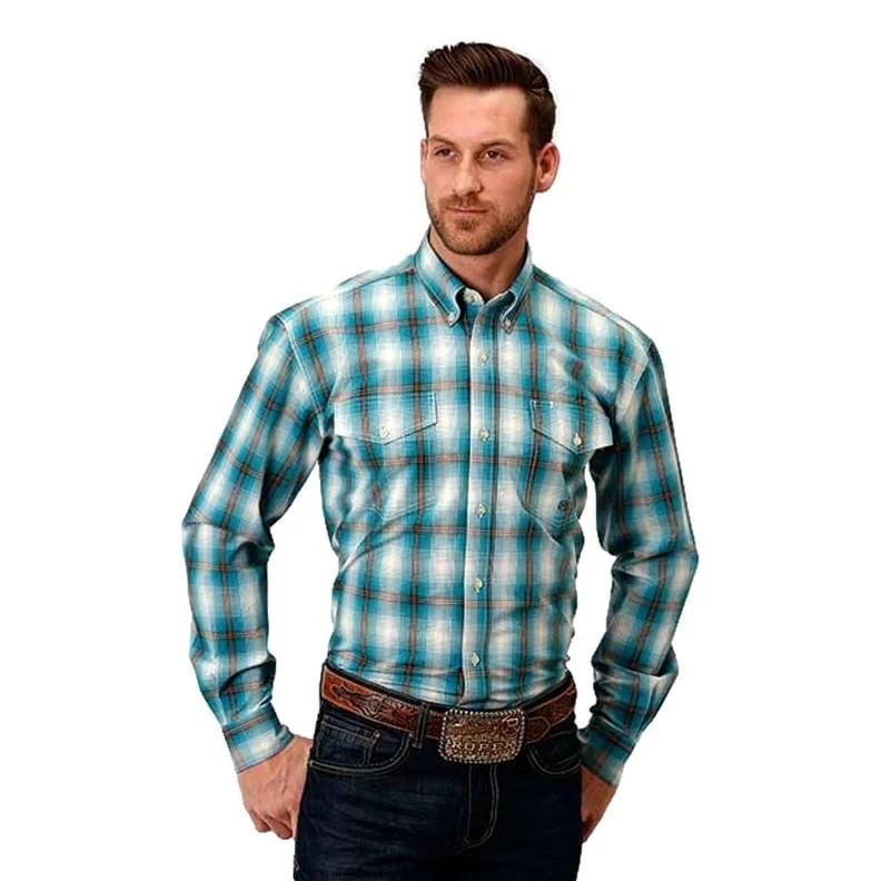 Roper Western Shirt Mens L/S Plaid Ombre Teal 03-001-0378-1034 BU