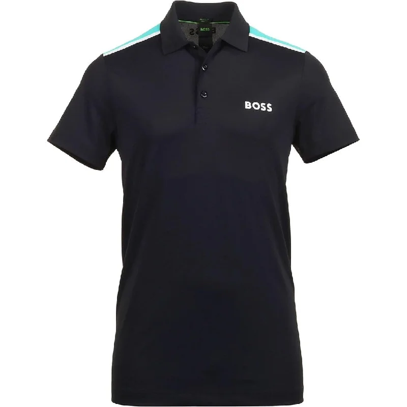 BOSS Men Paddytech Polo Shirt Slim Fit Navy Blue Stretch Button-Down Collar