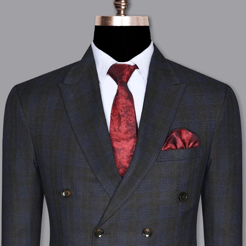 Charcoal Plaid Wool Blend Double Breasted Blazer