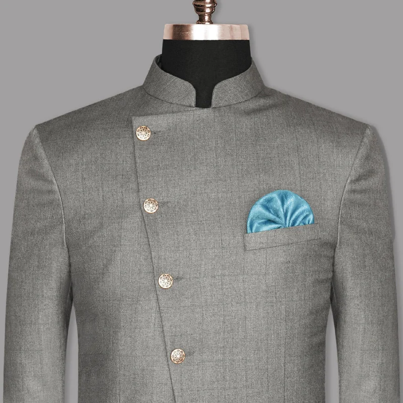 Fog Grey textured Cross Placket Bandhgala/Mandarin Wool-Silk blend Blazer