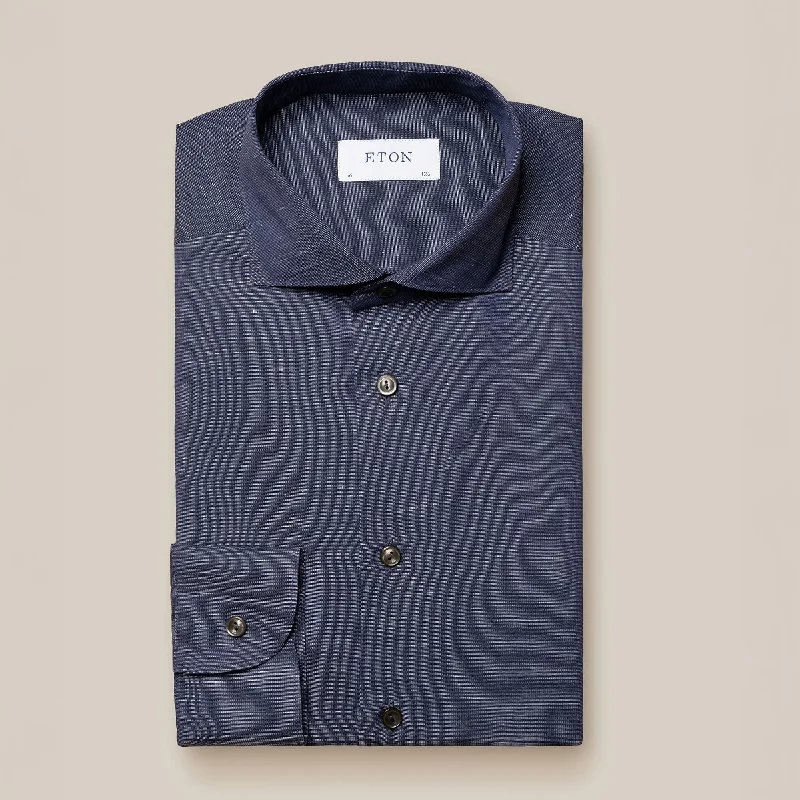 Navy Blue Solid Cotton-Linen Contemporary Fit Shirt - ETON