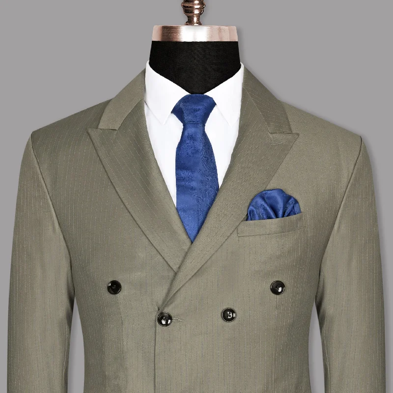 Silver Pinstriped Wool Blend Double Breasted Blazer