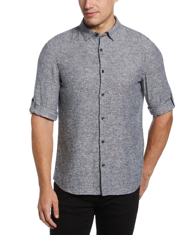 Untucked Slim Fit  Linen Blend Rolled Sleeve Shirt - Navy Blue