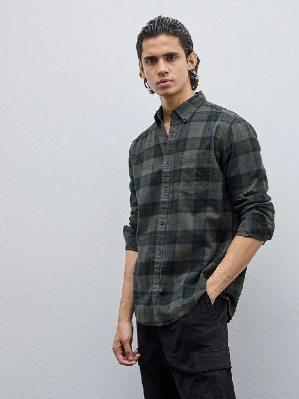 WES Casuals Dark Green Plaid Print Relaxed-Fit Cotton Shirt