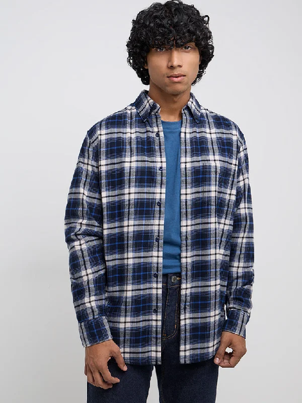 WES Casuals Navy Checkered Relaxed-Fit Cotton Shirt