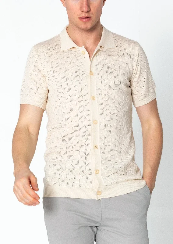 Geometric Crochet Knit Polo - Beige