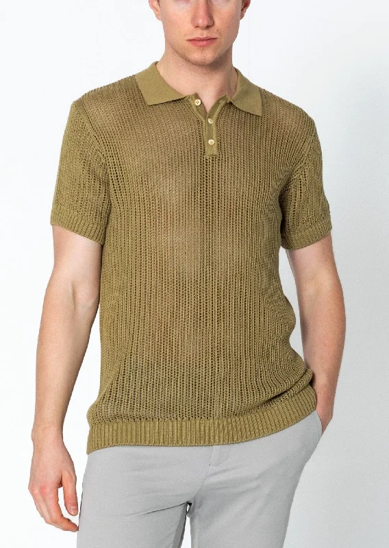 Openwork Knit Polo Tee - Light Green