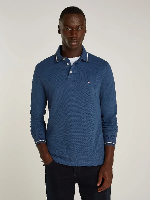 Tipped Long Sleeve Slim Polo in Aegan