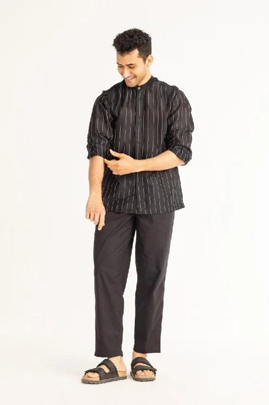 Band Collar Shirt Co-ord- Black Chanderi