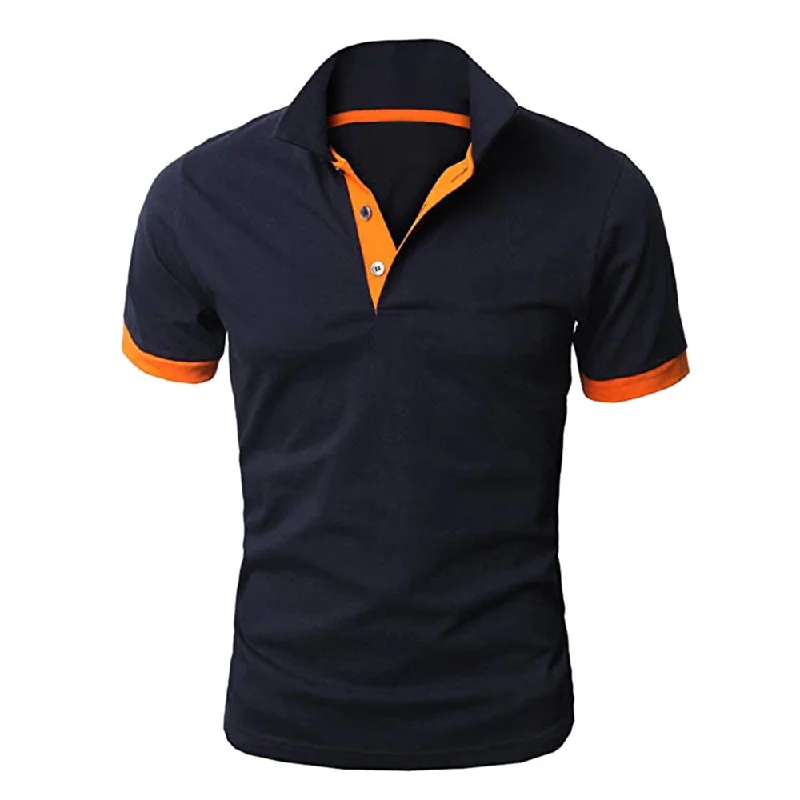 YFFUSHI Mens Summer Essential Polos Navy & Orange Short Sleeve Classic Polo Shirt