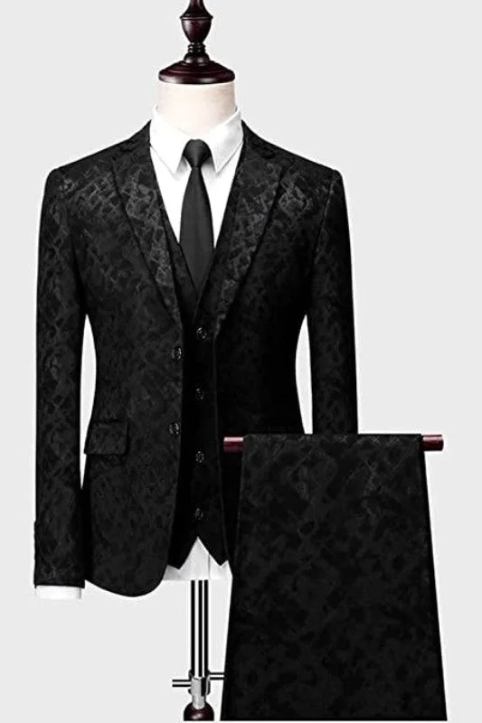 Black Floral Jacquard Three Pieces Notched Lapel Modern Prom Suits