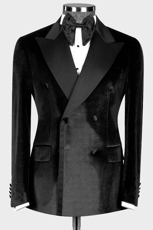 Black Peaked Lapel Double Breasted Velvet Prom Suits Wedding Suit for Groom