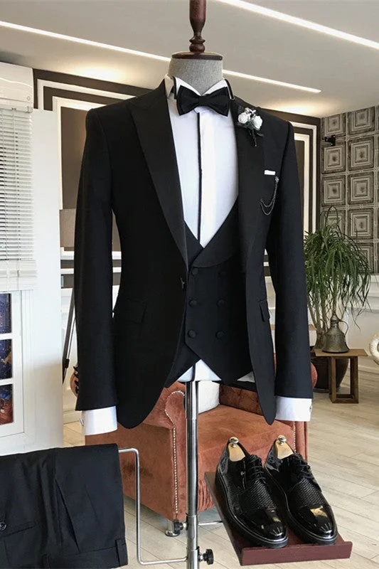 Black Peaked Lapel Three Pieces Simple Men Business Suits Wedding Suits