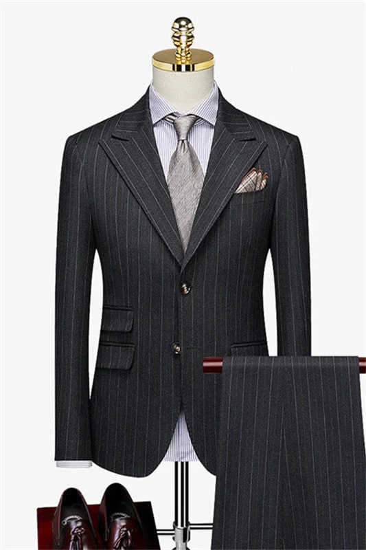 Black Striped Double Breasted Business Suits with Peaked Lapel