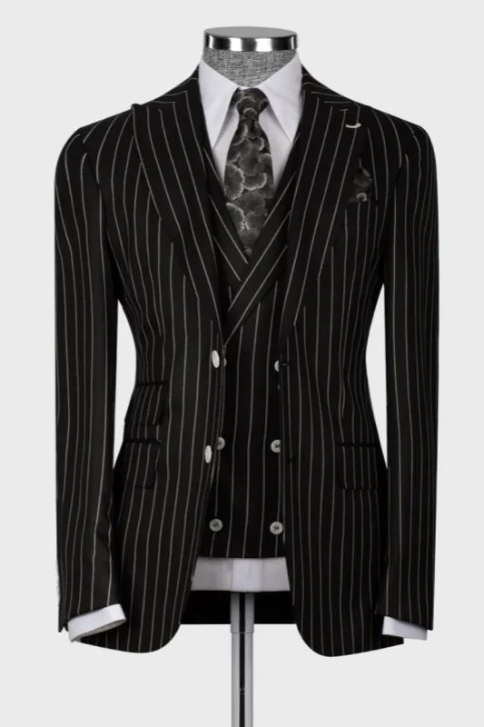 Black Striped Peaked Lapel Three Pieces Business Suits Slim Fit Prom Suits