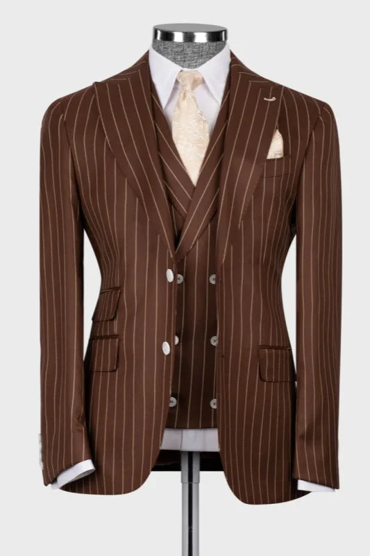 Brown Striped Three Pieces Business Men Suits Peaked Lapel Morning Dinner Party Prom Suit