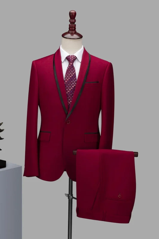 Burgundy Shawl Lapel Two Pieces Foral Business Suits One Button Prom Suirs for Men