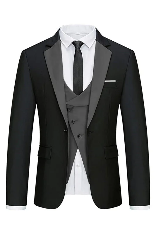 Chic Black Three Pieces Notched Lapel Business Suits Slim Fit Blazer Vest Pants Prom Suits