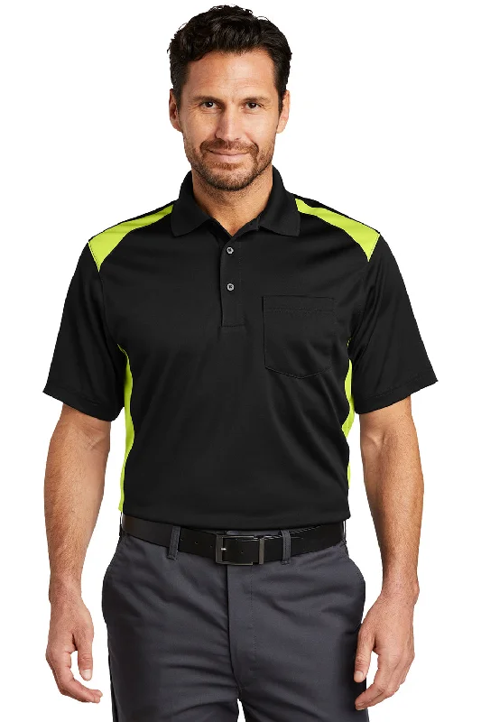 CornerStone Mens Select Moisture Wicking Short Sleeve Polo Shirt w/ Pocket - Black/Shock Green