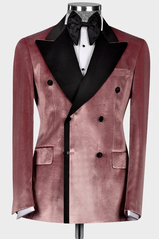 Dusty Pink Peaked Lapel Double Breasted Velvet Prom Suits