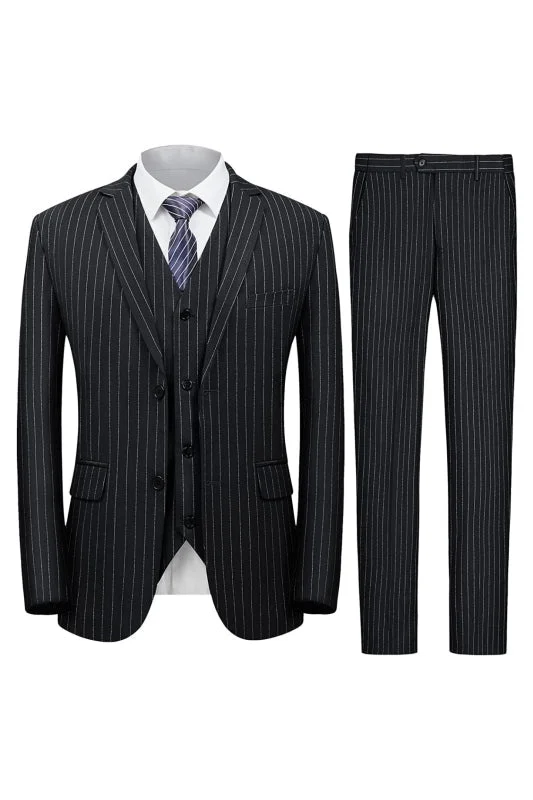 Fancy Black Notched Lapel Three Pieces Business Suits Striped Formal Suits