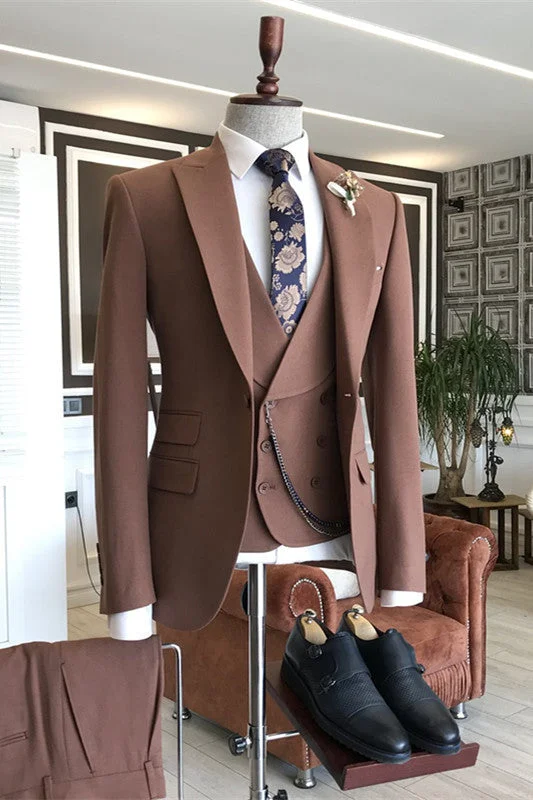 Fancy Coffee Peaked Lapel Business Suits Three Pieces Tuxedos Formal Wedding Suits