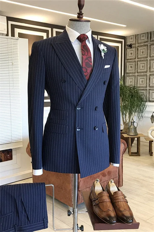 Fancy Deep Blue Peaked Lapel Striped Business Suits Double Breasted Wedding Groom Suits