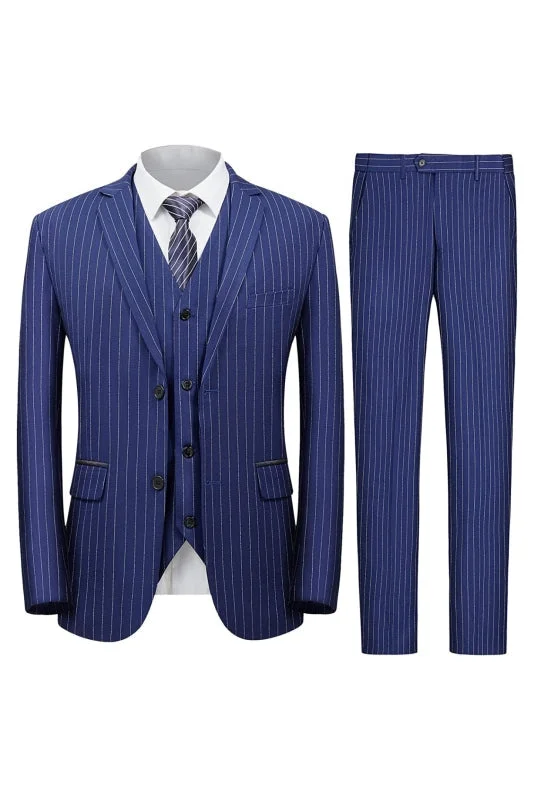 Fancy Navy Three Pieces Strips Notched Lapel Business Suits Blazer Party Singer Groom