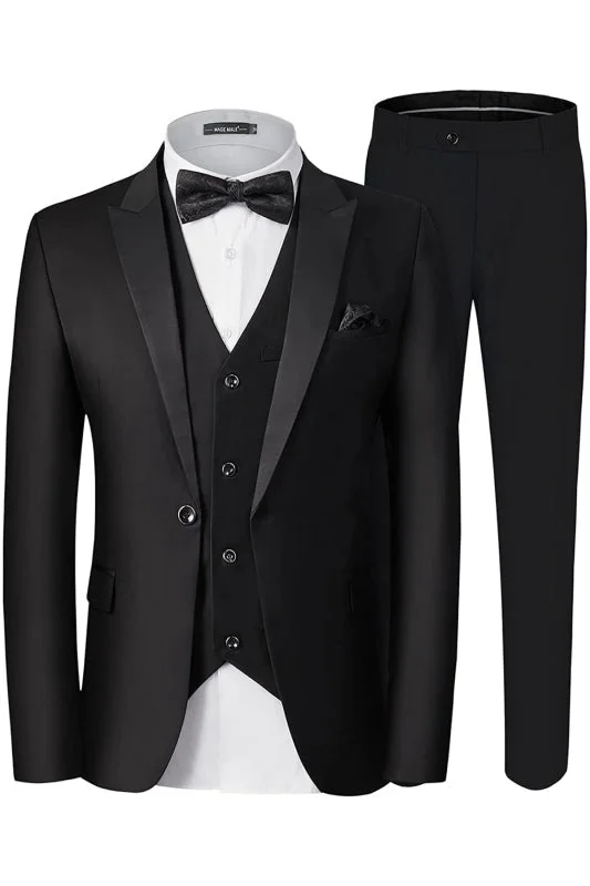 Formal Black Three Pieces Peaked Laple Business Suits Slim Fit Tuxedo Suits Wedding Party Wear Prom