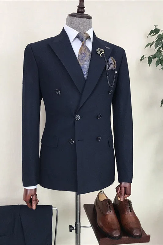 Formal Navy Blue Double Breasted Business Suits with Peaked Lapel Two Pieces Tuxedos Blazer Pants