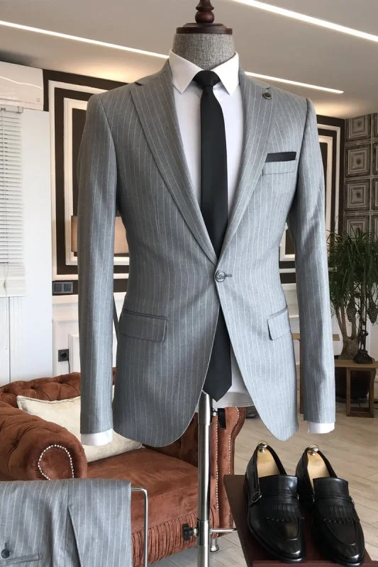 Gray Striped Notched Lapel Two Pieces Business Suits One Button Slim Fit Groom Wedding Men Suit