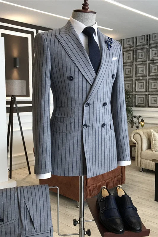 Gray Striped Peaked Lapel Two Pieces Tuxedos Double Breasted Business Suits Jacket Pants