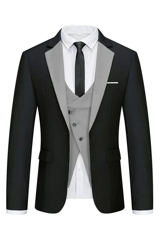 Modern Black Three Pieces Men Suits Grey Notched Lapel Tuxedos Business Suits