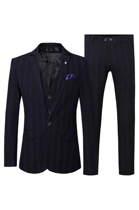 Navy Blue Notched Lapel Three Pieces Striped Business Suits Formal Blazer