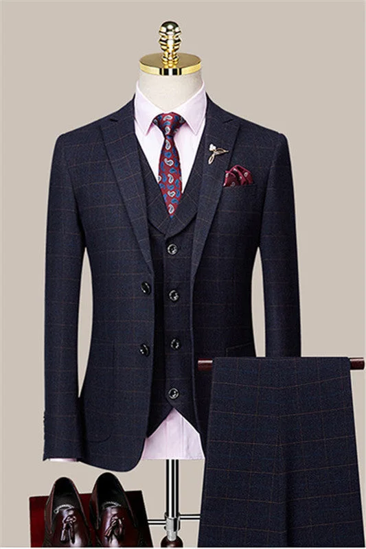 Navy Blue Plaid Peaked Lapel Slim Fit Business Suits Wedding Blazer Suits