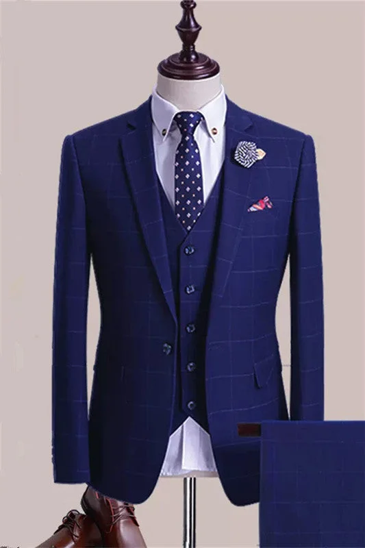 Navy Blue Plaid Three Pieces Business Suits Men Slim Fit Wedding Groom Suits