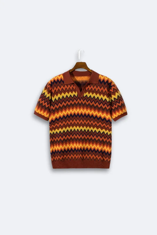 Old Money Wave Pattern Chic Knit Polo T-Shirt