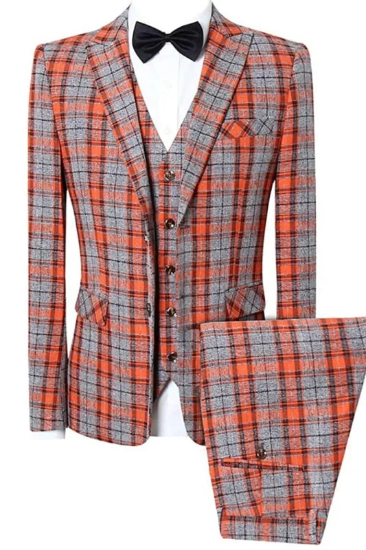 Orange Plaid Peaked Lapel Three Pieces Business Suits Prom Suits Prom Tuxedo Dinner Party