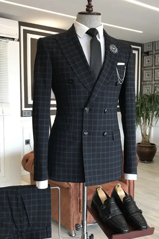 Simple Black Double Breasted Business Suits With Peaked Lapel Gray Plaid Two Pieces Jacket Pants Custome Made