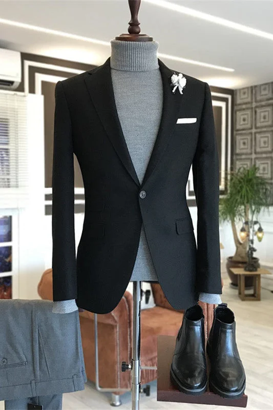 Simple Black Notched Lapel Suits Business Men One Button Slim Fit Wedding Groom Suits