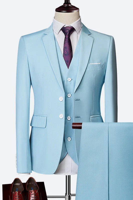 Sky Blue Three Pieces Tuxedos Slim Fit Business Suits with Notched Lapel