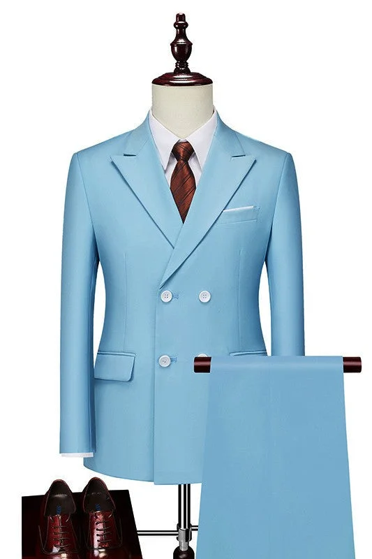 Sky Blue Two Pieces Peaked Lapel Double Breasted Simple Prom Suits