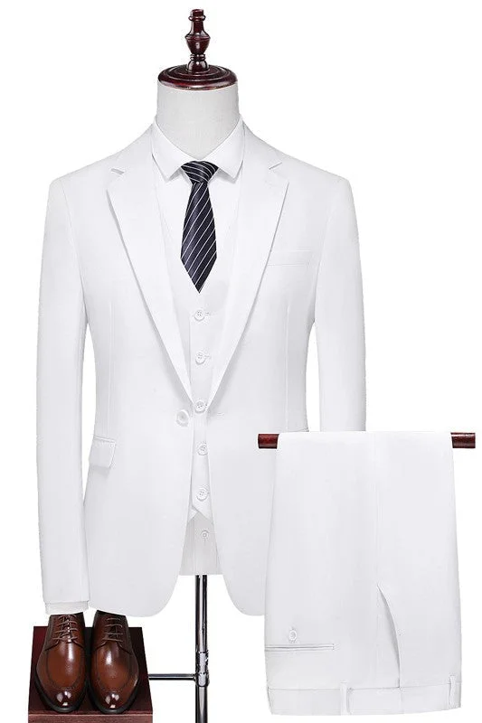 White Notched Lapel Simple Three Pieces Prom Suits One Button Wedding Suits